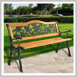 PROCART Kerti pihenőpad, fa ülőfelület és háttámla, virágmintás, acélszerkezet, 125x51x76 cm DGGF021C
