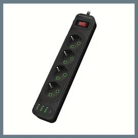 4 aljzatos hosszabbító USB-vel és Type-C gyorstöltő portokkal, fekete K24U-BLACK