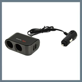 Autós szivargyújtó elosztó – 12/24V, 2 aljzattal és 2 USB-porttal 07422