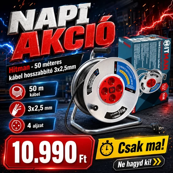 Hitman -50 Méteres Kábel Hosszabító 3x2,5mm , 4-eres, Réz Vezetékkel 50M  HTHSB-3350M